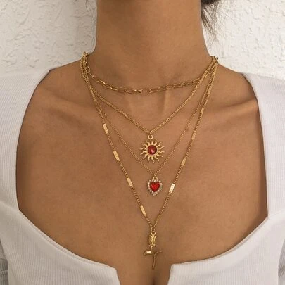 Mydear 1 件简约多层几何合金心形和玫瑰花吊坠项链，适合女性日常佩戴