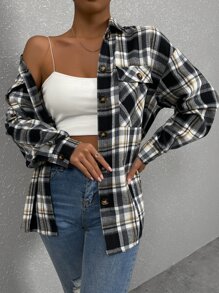 SHEIN Unity Blusa de cuadros con bolsillo con solapa de hombros caídos - Multicolor - Ver 1