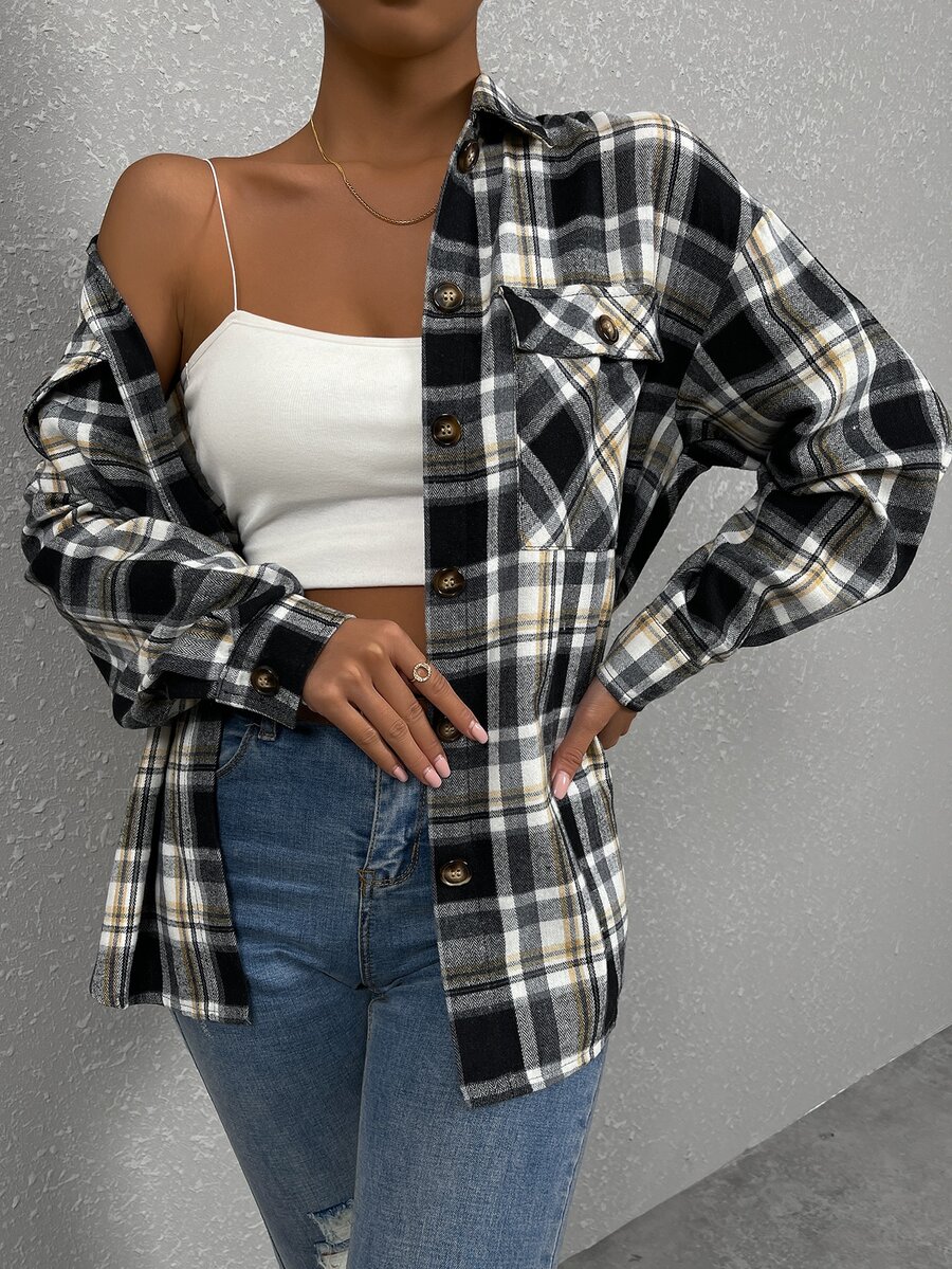 SHEIN Unity Blusa de cuadros con bolsillo con solapa de hombros caídos - Multicolor - Ver 1