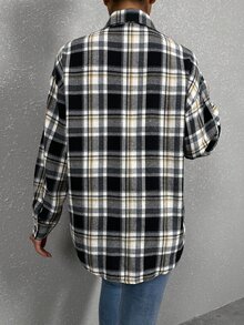 SHEIN Unity Blusa de cuadros con bolsillo con solapa de hombros caídos - Multicolor - Ver 2