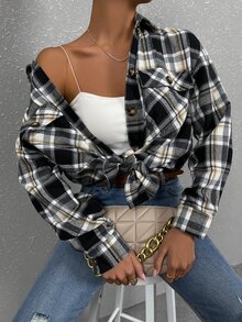 SHEIN Unity Blusa de cuadros con bolsillo con solapa de hombros caídos - Multicolor - Ver 4