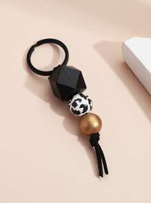 Elegant Cow Leopard Beaded Keychain With Black Metallic Polygon Keyring, Mother's Day Gift, Teacher Appreciation Gift, Holiday Gift - Multicolor - View 1