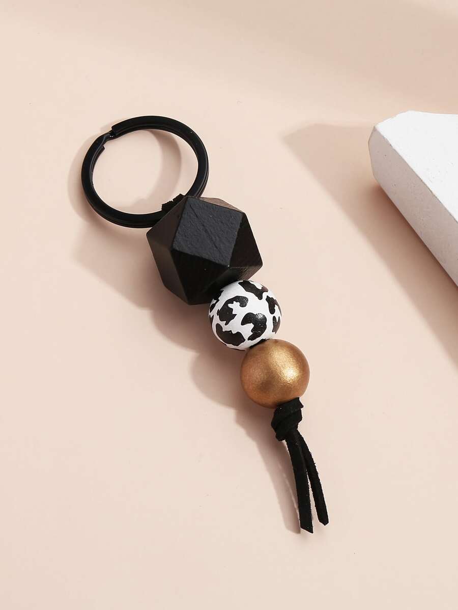 Elegant Cow Leopard Beaded Keychain With Black Metallic Polygon Keyring, Mother's Day Gift, Teacher Appreciation Gift, Holiday Gift - Multicolor - View 1