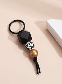 Elegant Cow Leopard Beaded Keychain With Black Metallic Polygon Keyring, Mother's Day Gift, Teacher Appreciation Gift, Holiday Gift - Multicolor - View 2
