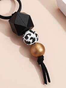 Elegant Cow Leopard Beaded Keychain With Black Metallic Polygon Keyring, Mother's Day Gift, Teacher Appreciation Gift, Holiday Gift - Multicolor - View 3