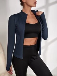 Easithlete Dây kéo Liền mạch Jacket thể thao Quần skinny Áo khoác - Màu xanh hải quân - Xem 3
