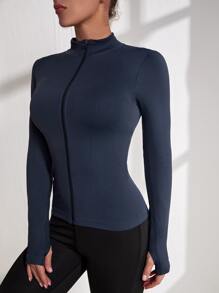 Easithlete Dây kéo Liền mạch Jacket thể thao Quần skinny Áo khoác - Màu xanh hải quân - Xem 4