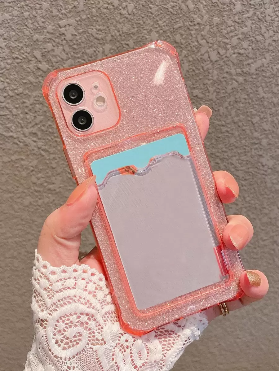 Funda para móvil transparente con ranura de tarjeta con brillante papel - Rosa - Ver 1