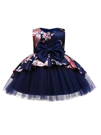 Toddler Girls Floral Print Bow Front Contrast Mesh Gown Dress
