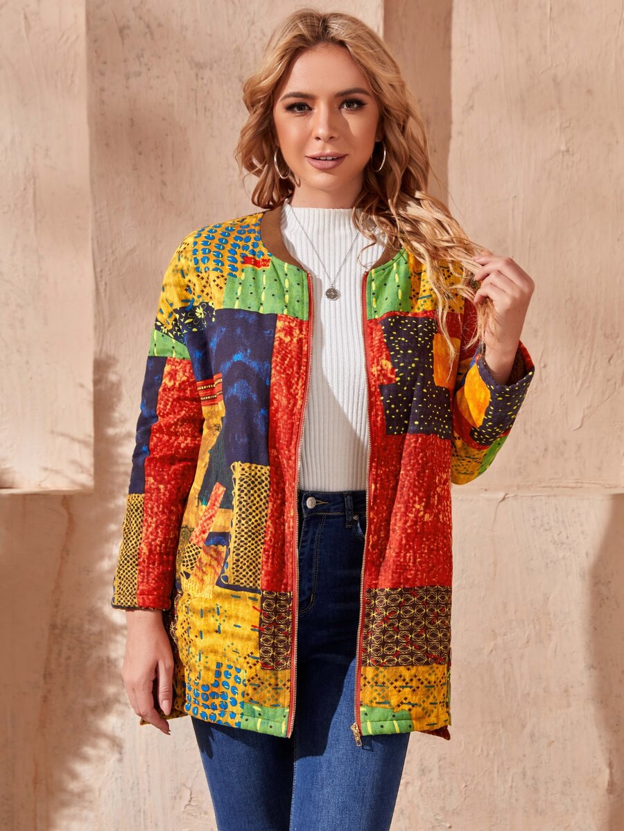 SHEIN Áo khoác nữ Nút Chia Dây kéo Chắp vá Giải trí - Nhiều màu - Xem 1