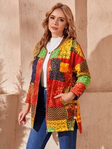 SHEIN Áo khoác nữ Nút Chia Dây kéo Chắp vá Giải trí - Nhiều màu - Xem 3