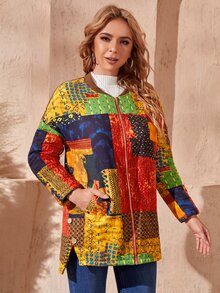 SHEIN Áo khoác nữ Nút Chia Dây kéo Chắp vá Giải trí - Nhiều màu - Xem 4