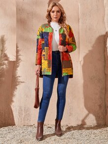 SHEIN Áo khoác nữ Nút Chia Dây kéo Chắp vá Giải trí - Nhiều màu - Xem 5