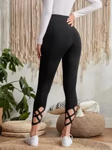 SHEIN LUNE 交叉下擺寬腰帶帶手機口袋緊身打底褲 - 黑色 - 查看 1