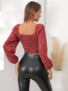 滿版印花打褶燈籠袖短款襯衫 - 彩色 - 查看 2