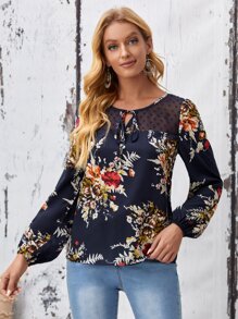 EMERY ROSE Tie Neck Dobby Mesh Yoke Floral Top - Multicolor - View 1