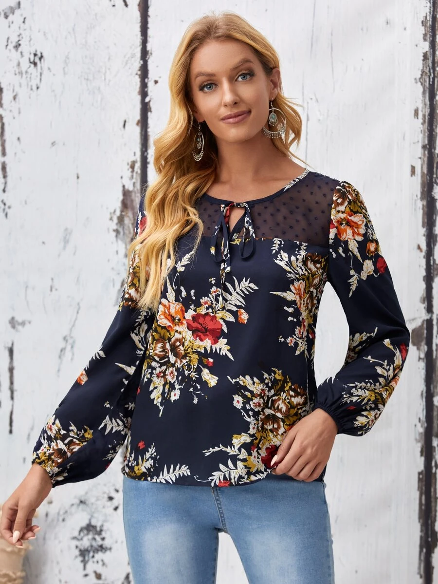 EMERY ROSE Tie Neck Dobby Mesh Yoke Floral Top - Multicolor - View 1