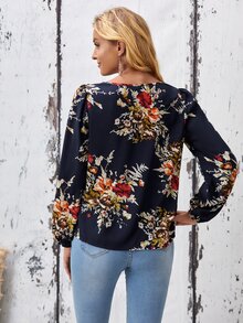 EMERY ROSE Tie Neck Dobby Mesh Yoke Floral Top - Multicolor - View 2