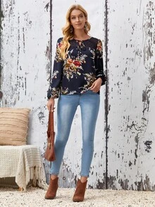 EMERY ROSE Tie Neck Dobby Mesh Yoke Floral Top - Multicolor - View 4