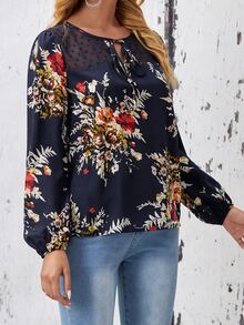 EMERY ROSE Tie Neck Dobby Mesh Yoke Floral Top - Multicolor - View 5