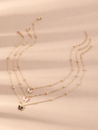 3件套女孩彩色渐变蝴蝶项链，珠子数量随机