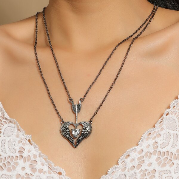 

Heart Pendant Layered Necklace, Gun black
