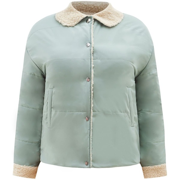 

размера плюс Зимнее пальто на пуговицах с карманом из плюша с подкладкой, Мятно-зеленый