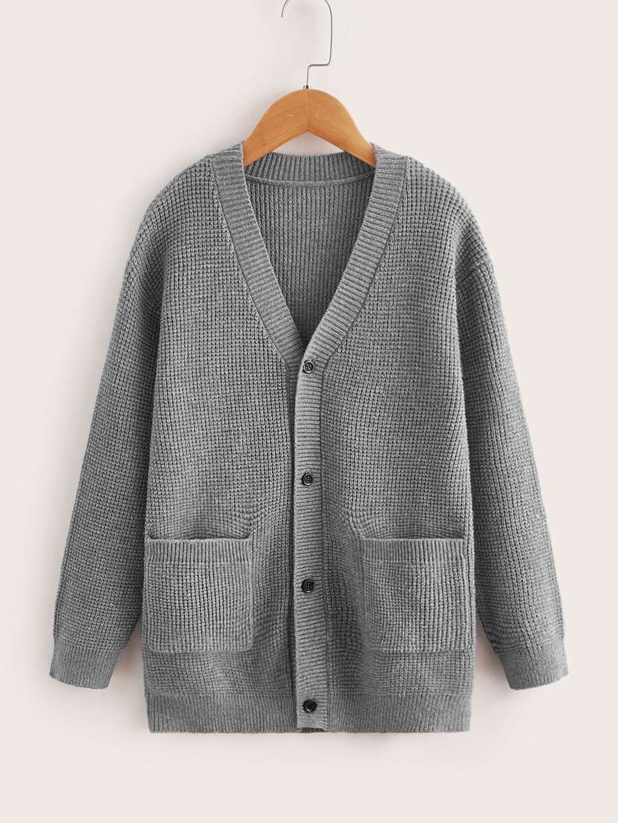 SHEIN Boys Pocket Patched Button Front Cardigan - Grey - View 1