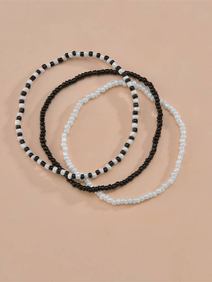 Niñas 3 piezas Pulsera tobillera con cuenta - Blanco y Negro - Ver 1