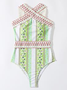 Paisley Print Criss Cross One Piece Swimsuit - Multicolor - View 5