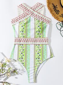 Paisley Print Criss Cross One Piece Swimsuit - Multicolor - View 7