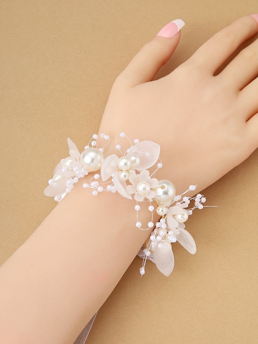 Faux Pearl Decor Wrist Corsage Valentine's Day Accessories - White - View 1