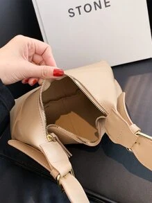 拉链细节单肩水桶包，商务休闲女包，非常适合办公室、商务和工作 - 卡其色 - 查看 4