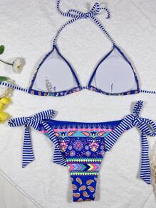 SHEIN Swim Summer Beach Floral Bikini Set Halter Triangle Bra & Wide Strap Side Thong Bottom 2 Western Piece Bathing Suit