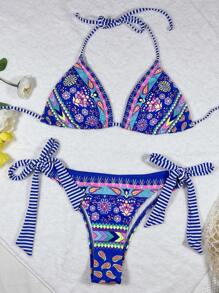 SHEIN Swim Summer Beach Floral Bikini Set Halter Triangle Bra & Wide Strap Side Thong Bottom 2 Western Piece Bathing Suit