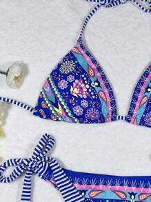 SHEIN Swim Summer Beach Floral Bikini Set Halter Triangle Bra & Wide Strap Side Thong Bottom 2 Western Piece Bathing Suit