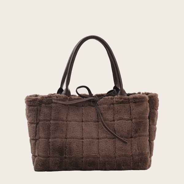 

Minimalist Plaid Fluffy Tote Bag, Coffee brown