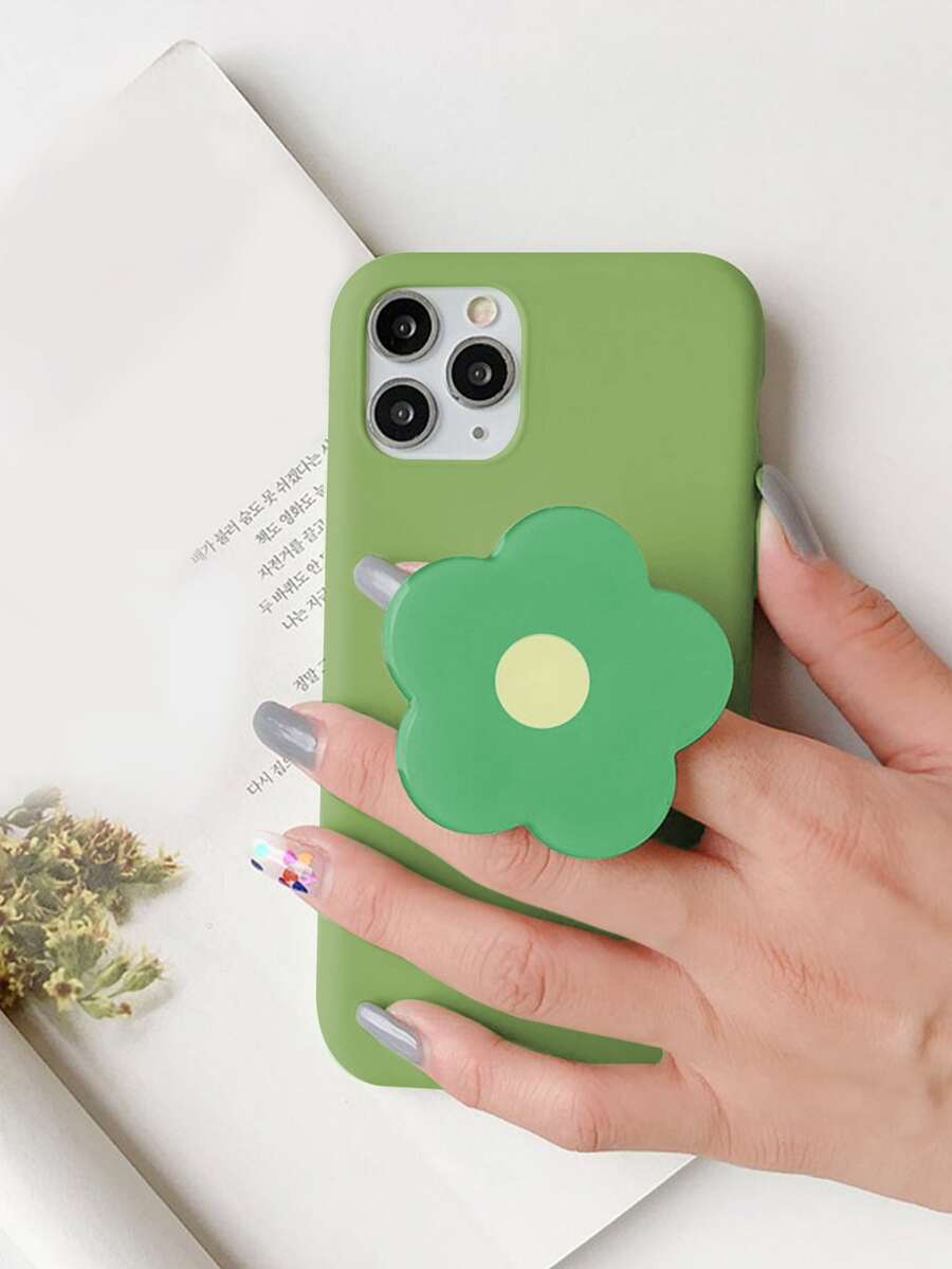 Plain Phone Case With Flower Stand-Out Phone Grip - Green - View 1