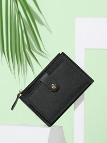 實心按扣小錢包，可愛的人造皮革錢包，帶有卡槽和拉鍊口袋輕巧便攜信用卡ID卡現金極簡時尚現代生日禮物情人節周年紀念日女士女孩禮物錢包拉鍊小錢包黑色老師禮物女友女教師商務休閒 - 黑色 - 查看 3