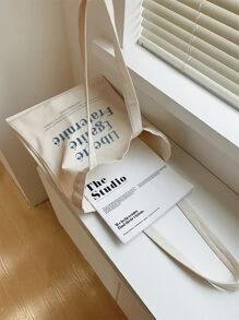 字母图案大容量购物袋书包，大容量，经典休闲，可折叠，便携，适合少女、女大学生，非常适合返校、购物、初中、高中、大学，大号手提包，最佳秋季灵感创意 - 米色 - 查看 3