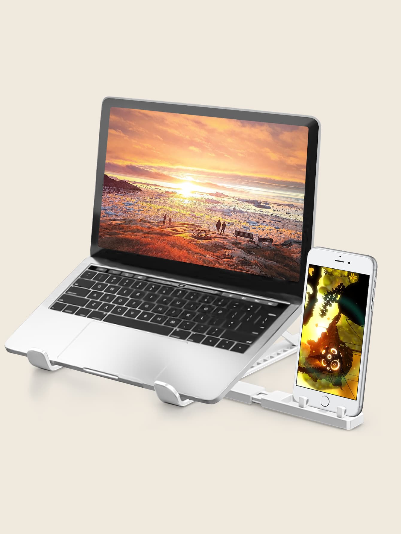 Adjustable Laptop Stand With 13 Levels, Foldable & Portable Notebook Stand With Phone Holder And Cooling Fan, Suitable For 11-17 Inch Laptops - White - View 1