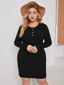 SHEIN Váy len oversized Gân đan Nút phía trước màu trơn Giải trí - màu đen - Xem 1