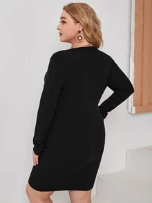 SHEIN Váy len oversized Gân đan Nút phía trước màu trơn Giải trí - màu đen - Xem 2