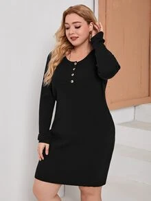 SHEIN Váy len oversized Gân đan Nút phía trước màu trơn Giải trí - màu đen - Xem 3