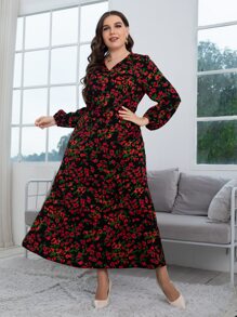 大碼滿版印花燈籠袖不附腰帶連衣裙