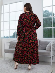 大碼滿版印花燈籠袖不附腰帶連衣裙