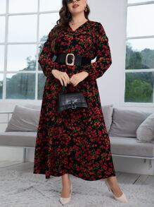 大碼滿版印花燈籠袖不附腰帶連衣裙