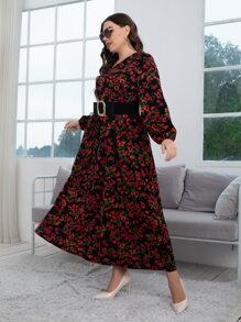 大碼滿版印花燈籠袖不附腰帶連衣裙