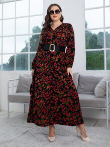 大碼滿版印花燈籠袖不附腰帶連衣裙