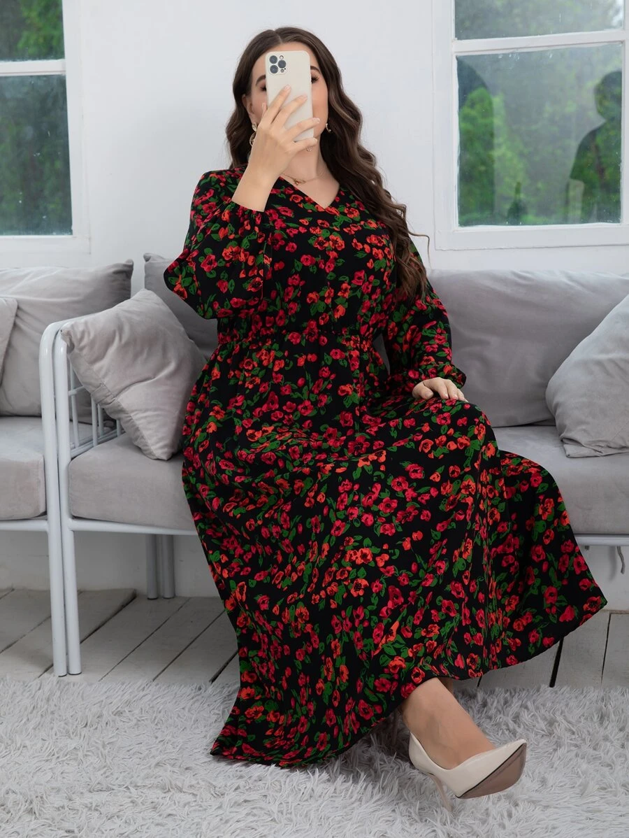 大碼滿版印花燈籠袖不附腰帶連衣裙